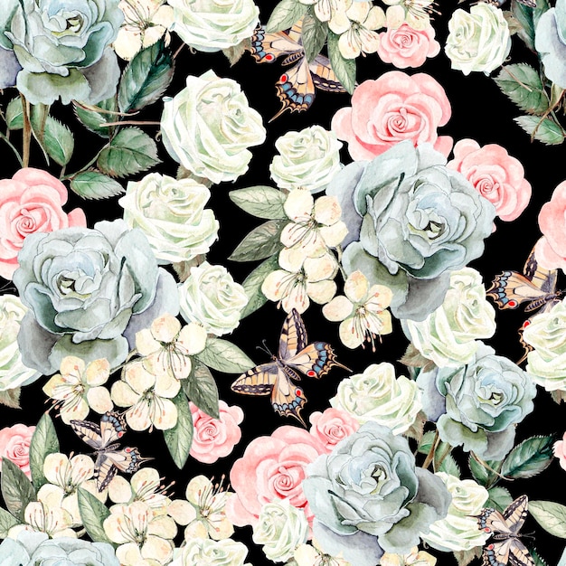 Pattern with watercolor realistic roses butterflies and plants Illustration