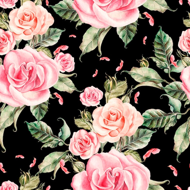 Pattern with watercolor realistic roses