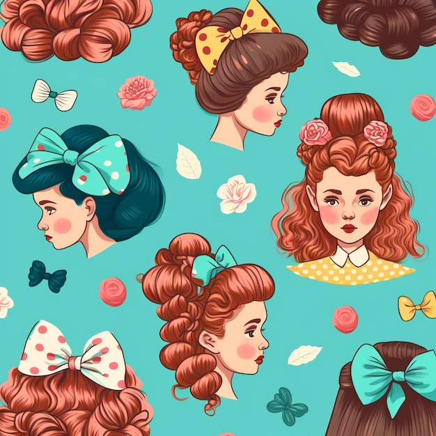 A pattern of women's hair in a buns and bows.