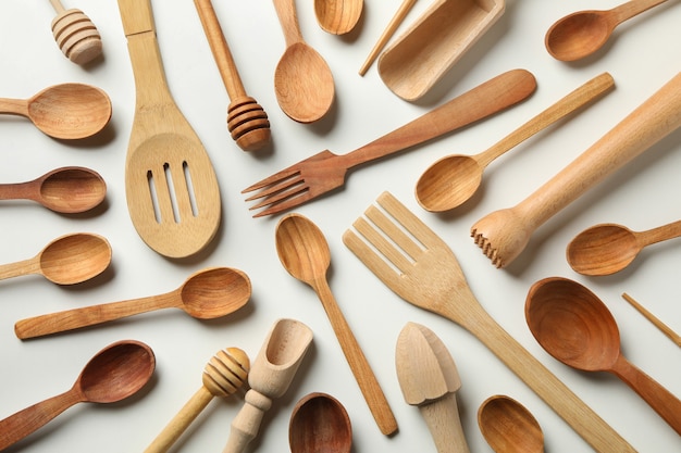 Pattern of wooden dishes on white