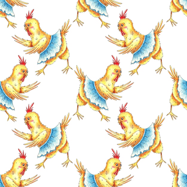 Pattern yellow chicken in a skirt drawn with colored pencils