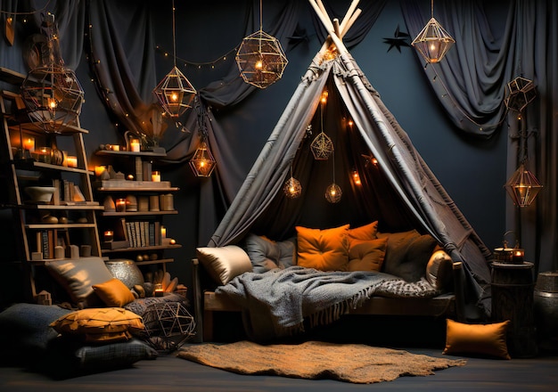 A patterned canvas tent bed on a dark wall