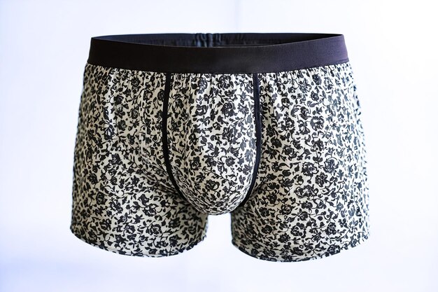 Patterned mens boxer shorts on a white background