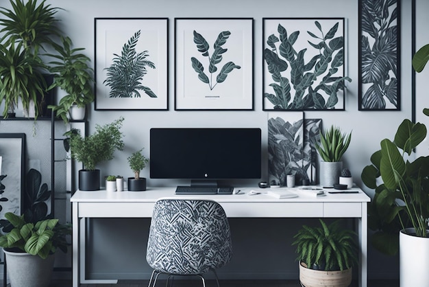 Patterned posters above desk with computer monitor in grey home office interior with plants