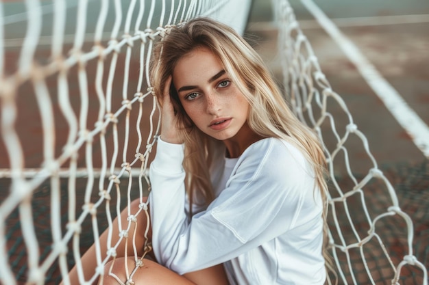 Photo pause play young woman in activewear relaxing after tennis workout on court