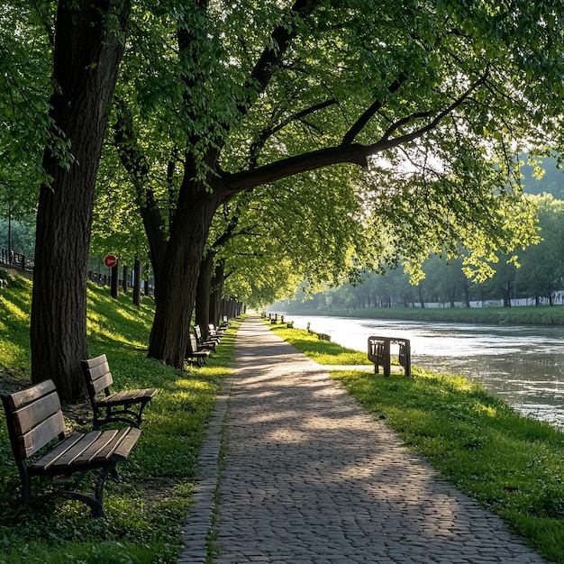 A paved path lined with trees and benches leads to a river