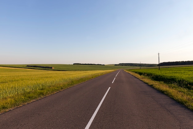 Paved road for the movement of various vehicles, an old road with defects on the asphalt