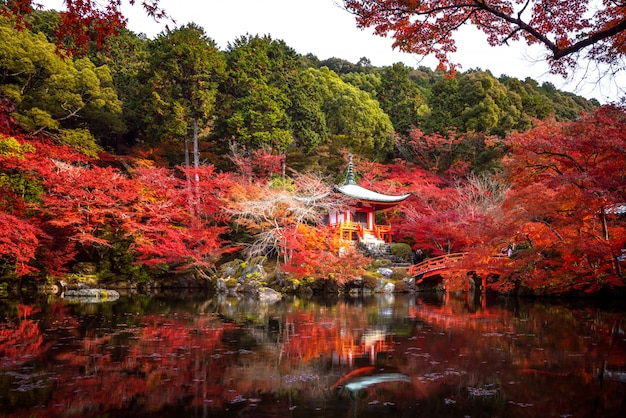 Pavilion and Wooded bridge in Daigoji temple with autumn background