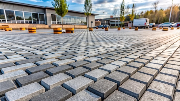 Photo paving stones on floor in parking lotconcept of laying paving slabs and paverstextured concrete for gray floorsconcrete pavement blocksspace for text