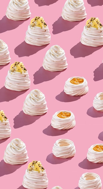 Pavlova dessert pattern on pink background vertical food photo