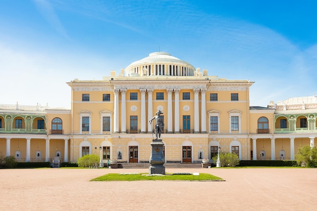 Pavlovsk Palace with statue of Emperor Paul the First on sunny day Saint Petersburg Russia May 2022