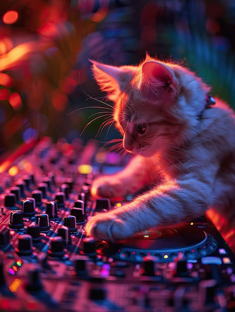 The paws of a cat DJ expertly navigating the DJ booth the tropical bars ambient lighting