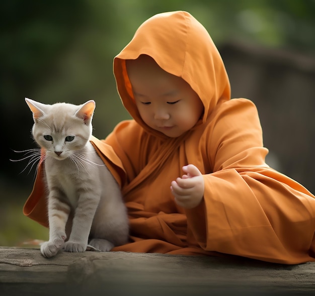 Paws and Pixels Cute Little Monk Capturing Cat Image Using DSLR Camera