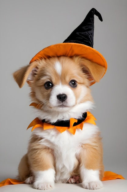 Pawsitively Spooky Cute Adorable Puppy's Halloween Costume on a White Bacground