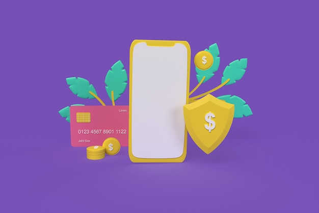 Payment protection by phone concept clay style 3d rendering illustration