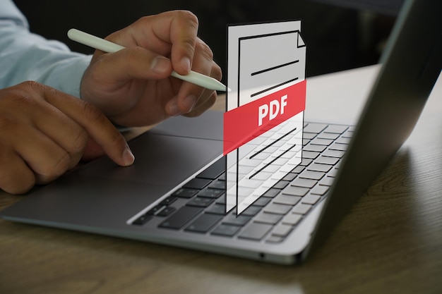 Photo pdf button on screen laptop computer converting process of document to another format convert pdf files with online programs