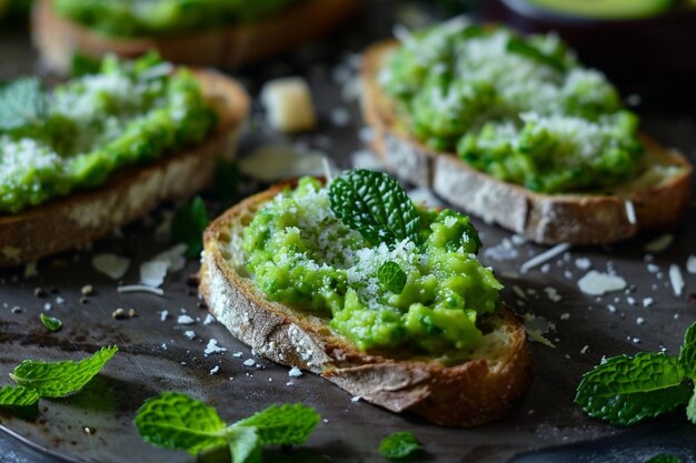 Photo pea puree mint and parmesan on crostini snack