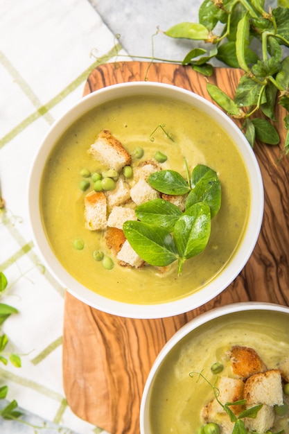 Pea soup with green peas. 