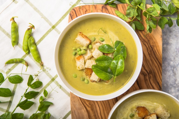 Pea soup with green peas. 