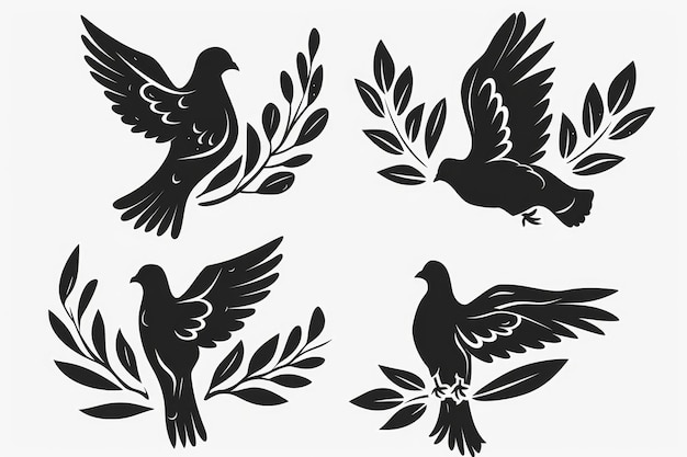 Peace dove graffiti pigeons twigs ink illustration Flying birds silhouettes monochrome flat icons