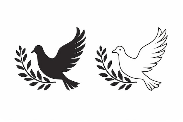 Peace dove graffiti pigeons twigs ink illustration Flying birds silhouettes monochrome flat icons