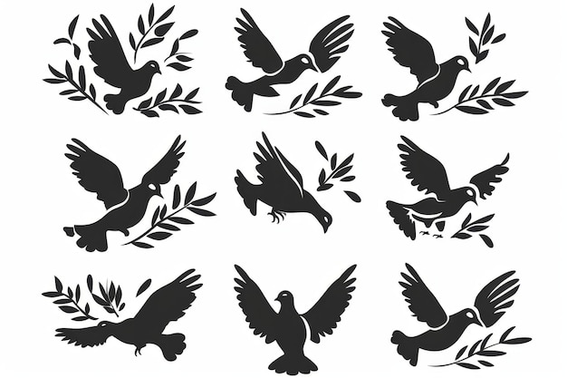 Peace dove graffiti pigeons twigs ink illustration Flying birds silhouettes monochrome flat icons