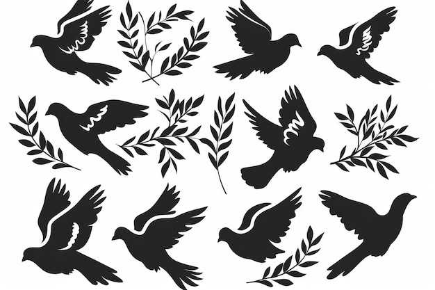 Peace dove graffiti pigeons twigs ink illustration Flying birds silhouettes monochrome flat icons