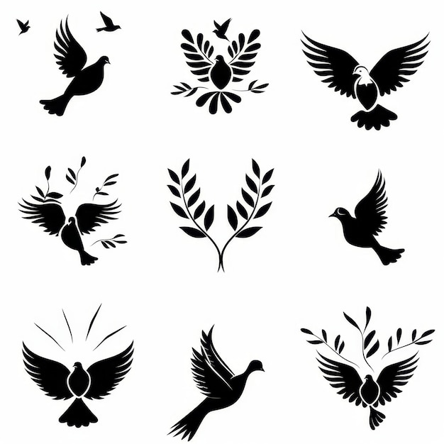 Peace dove graffiti pigeons twigs ink illustration Flying birds silhouettes monochrome flat icons