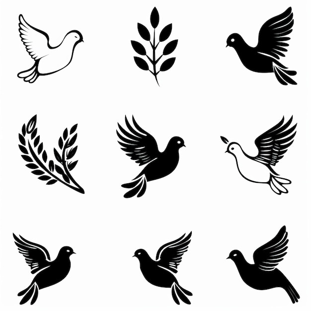 Peace dove graffiti pigeons twigs ink illustration Flying birds silhouettes monochrome flat icons