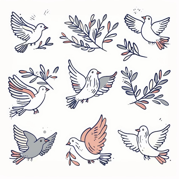 Peace dove icon pigeons dove twigs doodle sketched collection Flying birds silhouettes on white