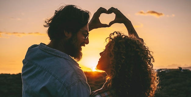 Peace and love with couple doing heart gesture sign with both hands together Sunset light and outdoor romantic activity with adult man and woman enjoying relationship Stop war concept