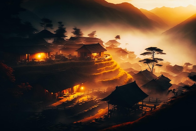 The peace and serenity of a highaltitude village in the morning organized and filed sparse