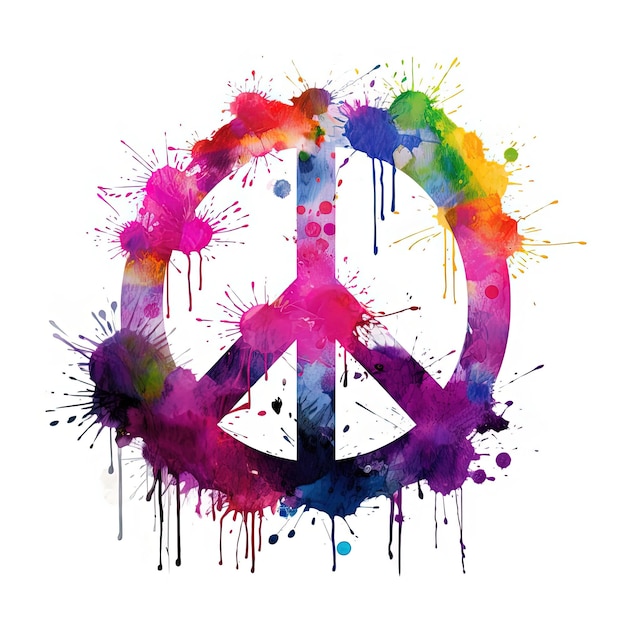 peace sign drawn on paint splashes in pink purple and green vector illustration