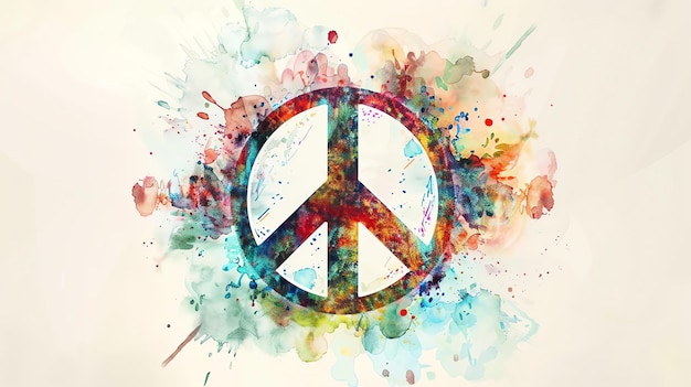 Peace sign in front of a colorful watercolor background