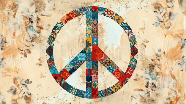 A peace sign made up of small colorful squares on a light background