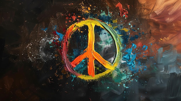 A peace sign painted in orange and blue on a colorful abstract background