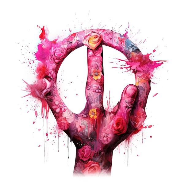 a peace sign painted in pink paint in the style of drips and splatters