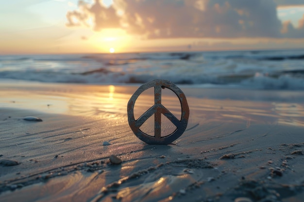 Photo a peace sign rests on a sandy beach at sunset