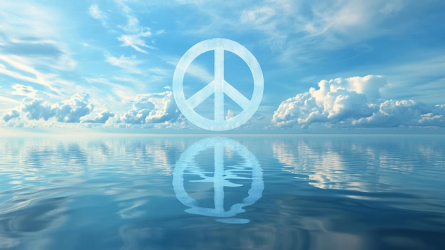 Photo peace symbol above calm ocean with clouds reflected on water serenity and harmony concept