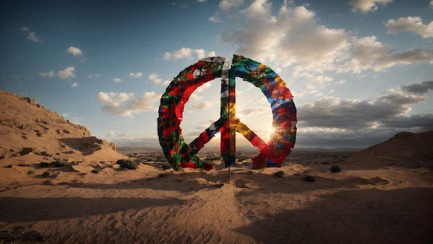 A peace symbol in a destroyed city is a powerful image representing hope amidst devastation