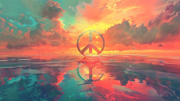 Photo a peace symbol floats on a body of water at sunset