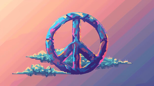 A peace symbol in front of a pixelated sunset with clouds