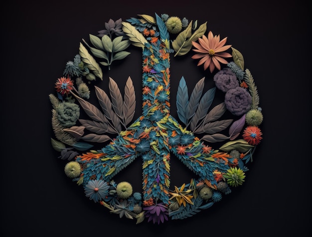 Peace symbol made by floral elements created with Generative AI technology