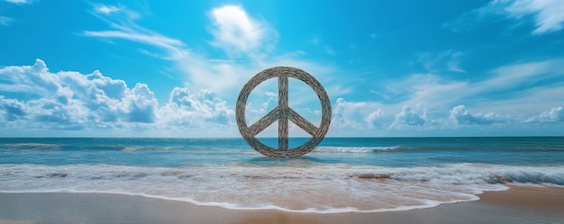 Photo peace symbol made of driftwood on a sandy beach under a clear blue sky