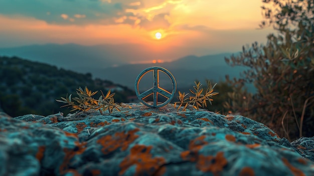 Photo peace symbol on mountaintop sunset