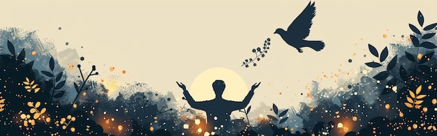 Photo peace and unity concept with silhouette of person and flying dove in nature inspired design for posters and cards