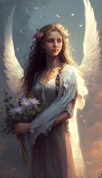 Peaceful Angel with Flowers illustration Generative ai