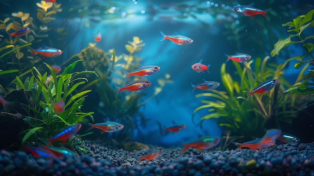 A peaceful aquarium scene with a variety of tropical fish vibrant aquatic plants and gentle water movement