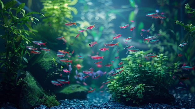 A peaceful aquarium scene with a variety of tropical fish vibrant aquatic plants and gentle water movement