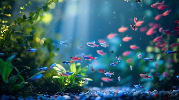 A peaceful aquarium scene with a variety of tropical fish vibrant aquatic plants and gentle water movement